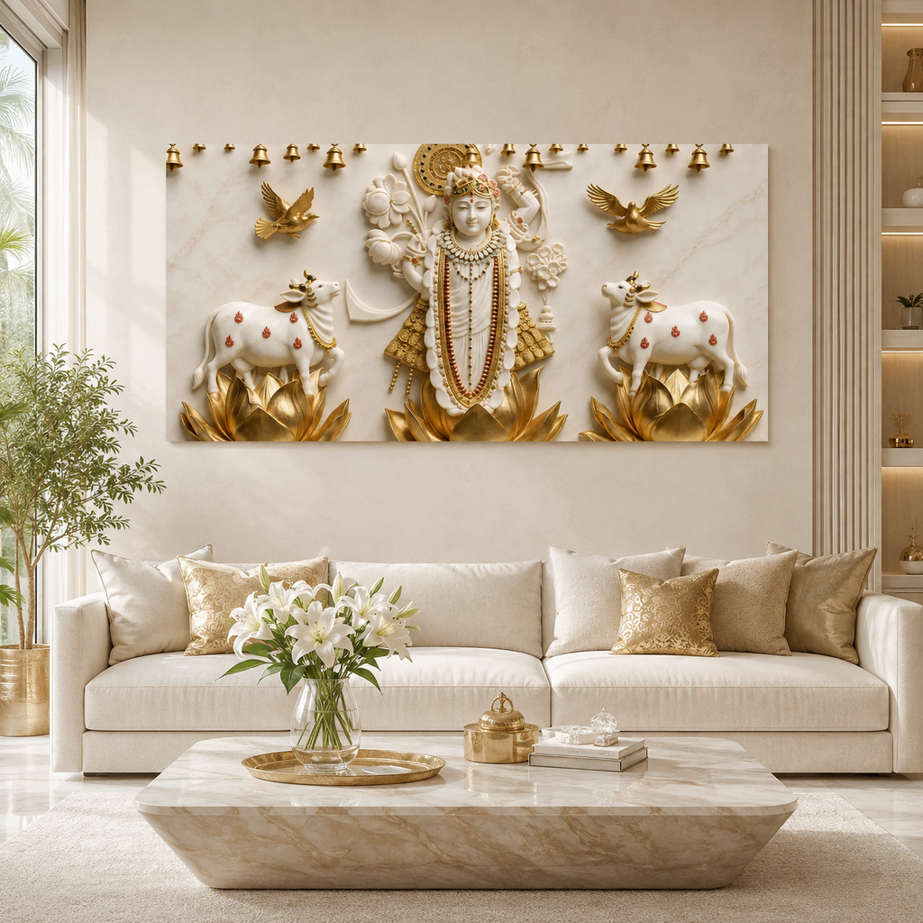 Auspicious 3D Shrinathji Krishna with Temple Bells Canvas Painting High End Cultural Vastu Wall Art