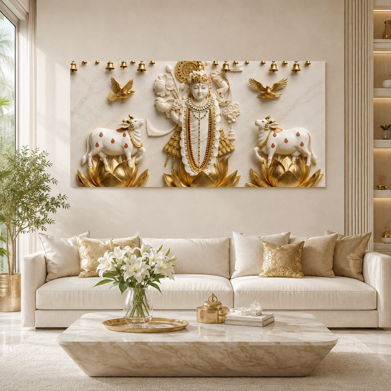 Auspicious 3D Shrinathji Krishna with Temple Bells Canvas Painting High End Cultural Vastu Wall Art