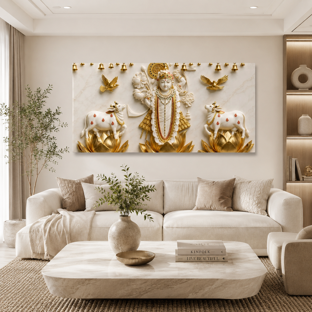 Auspicious 3D Shrinathji Krishna with Temple Bells Canvas Painting High End Cultural Vastu Wall Art