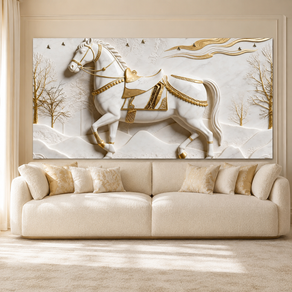Royal 3D Majestic Horse with Golden Saddle White Canvas Wall Decor