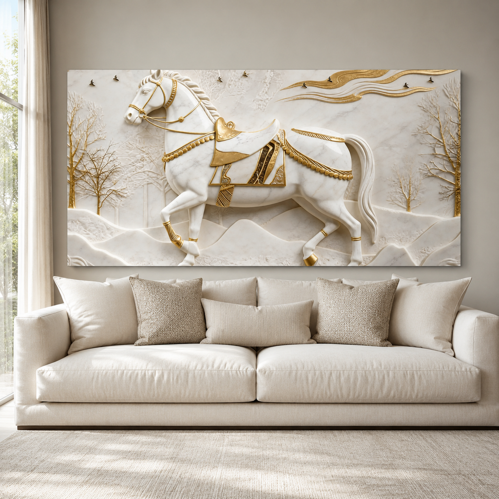 Royal 3D Majestic Horse with Golden Saddle White Canvas Wall Decor