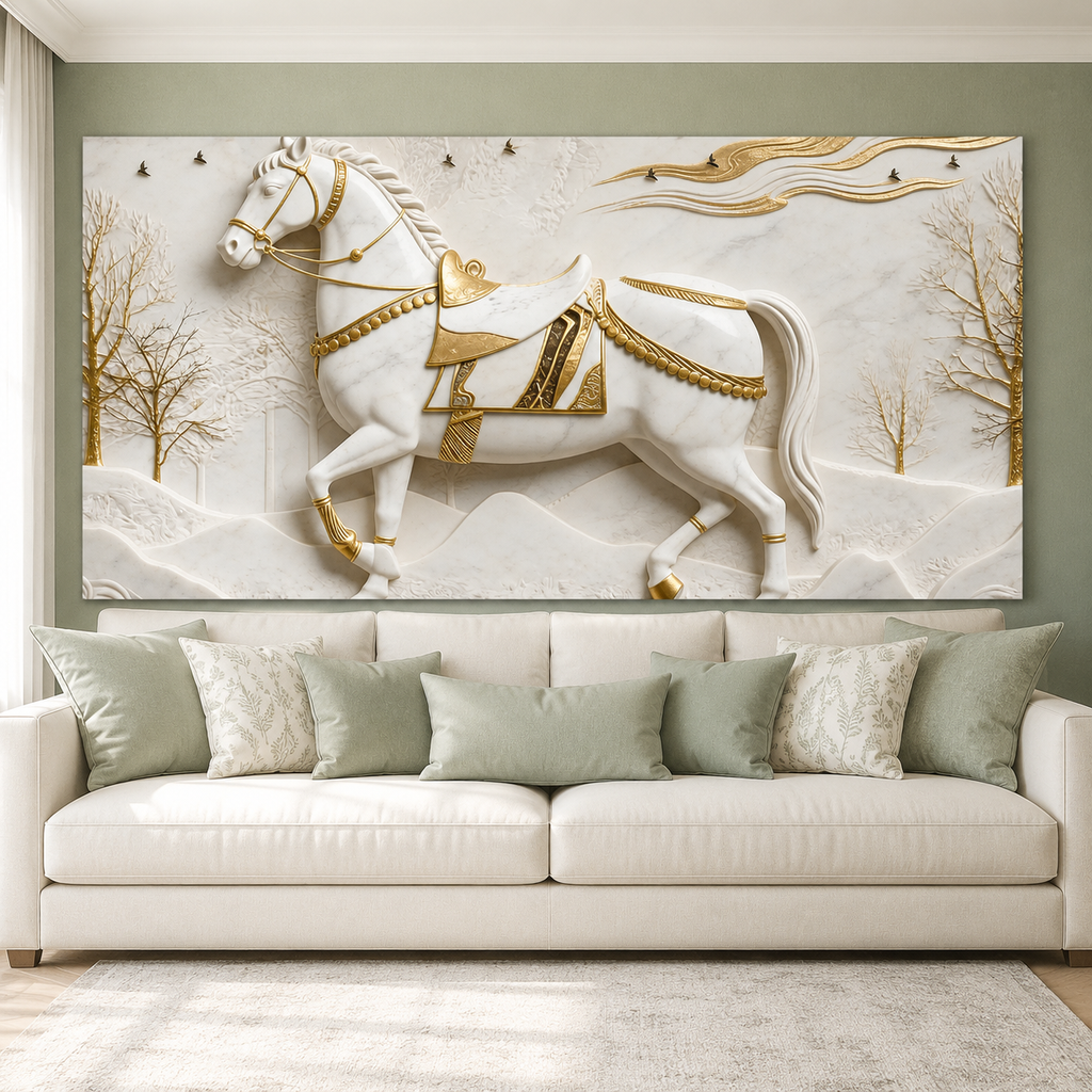 Royal 3D Majestic Horse with Golden Saddle White Canvas Wall Decor