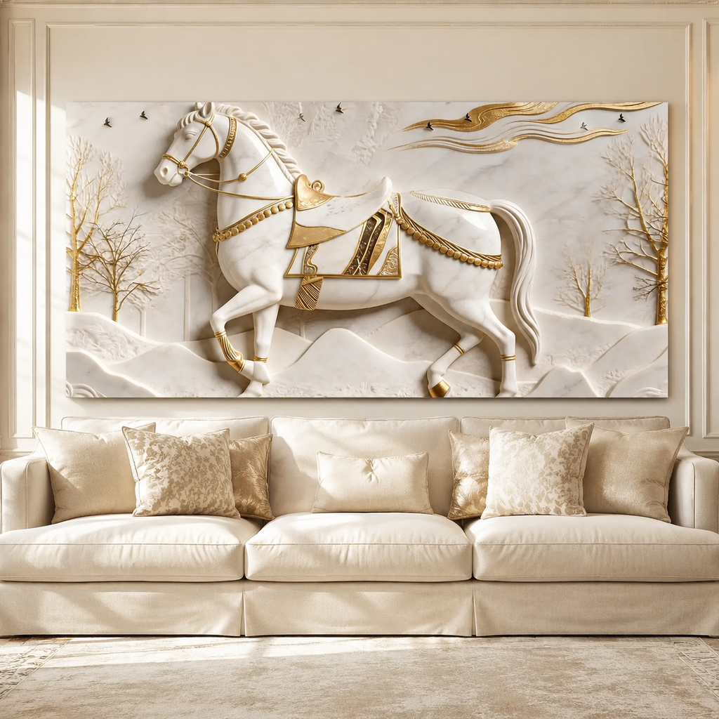 Royal 3D Majestic Horse with Golden Saddle White Canvas Wall Decor