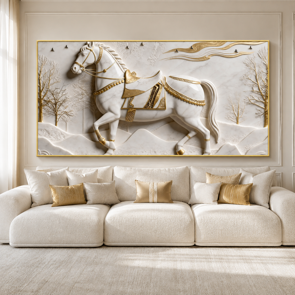 Royal 3D Majestic Horse with Golden Saddle White Canvas Wall Decor