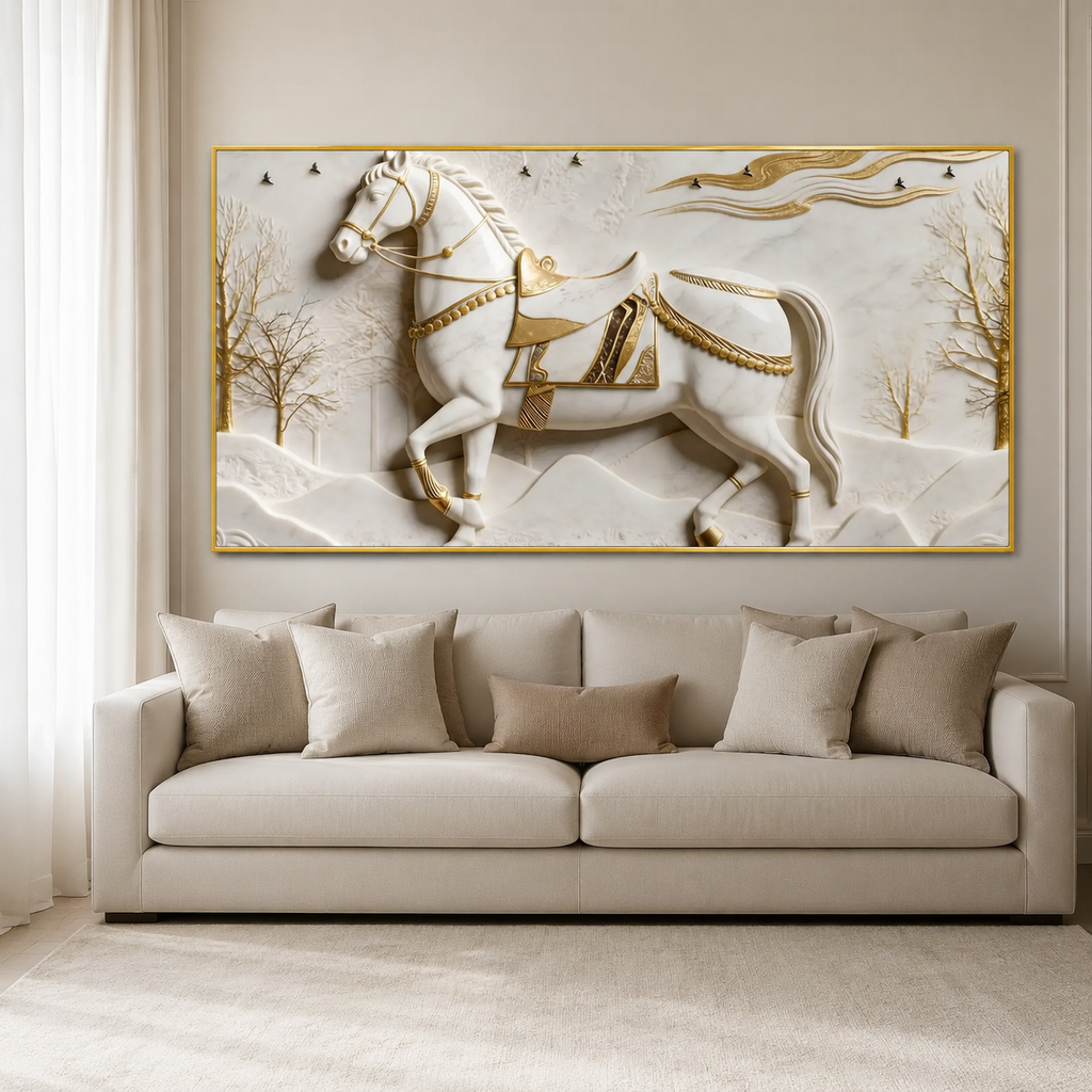 Royal 3D Majestic Horse with Golden Saddle White Canvas Wall Decor