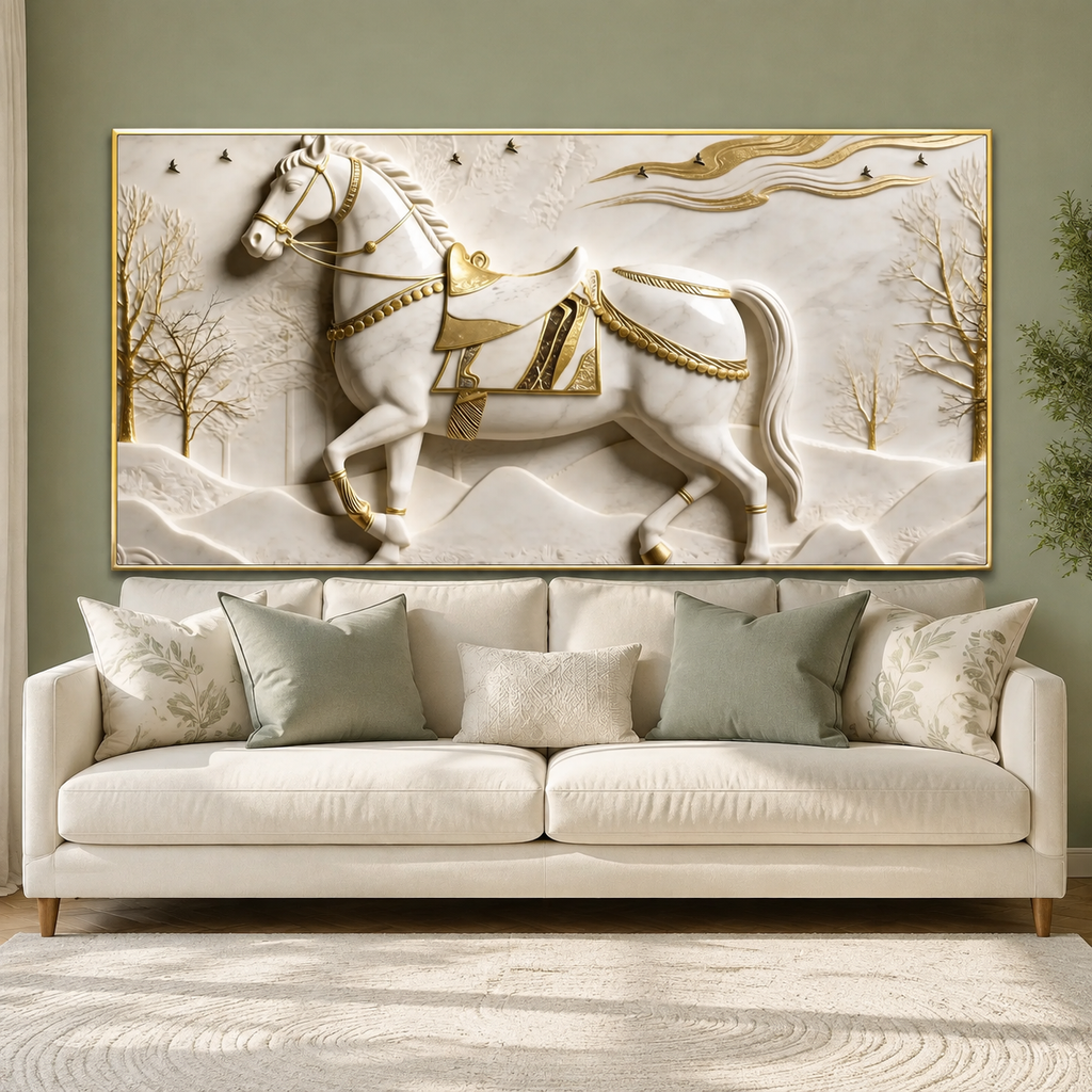 Royal 3D Majestic Horse with Golden Saddle White Canvas Wall Decor