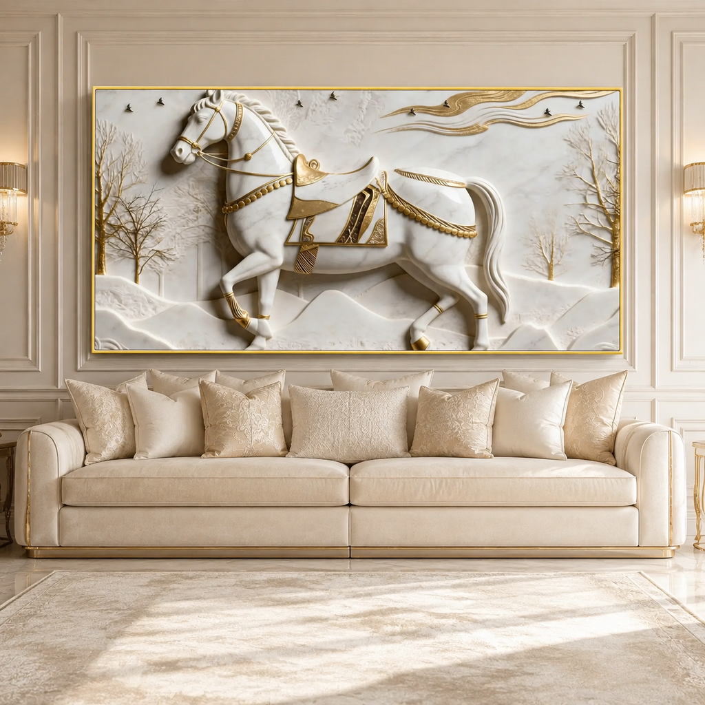 Royal 3D Majestic Horse with Golden Saddle White Canvas Wall Decor