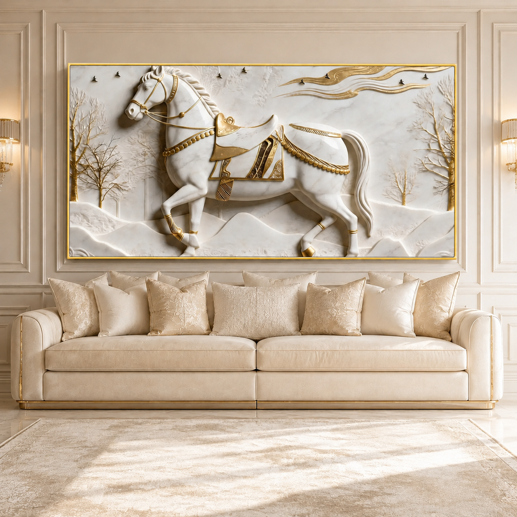 Royal 3D Majestic Horse with Golden Saddle White Canvas Wall Decor