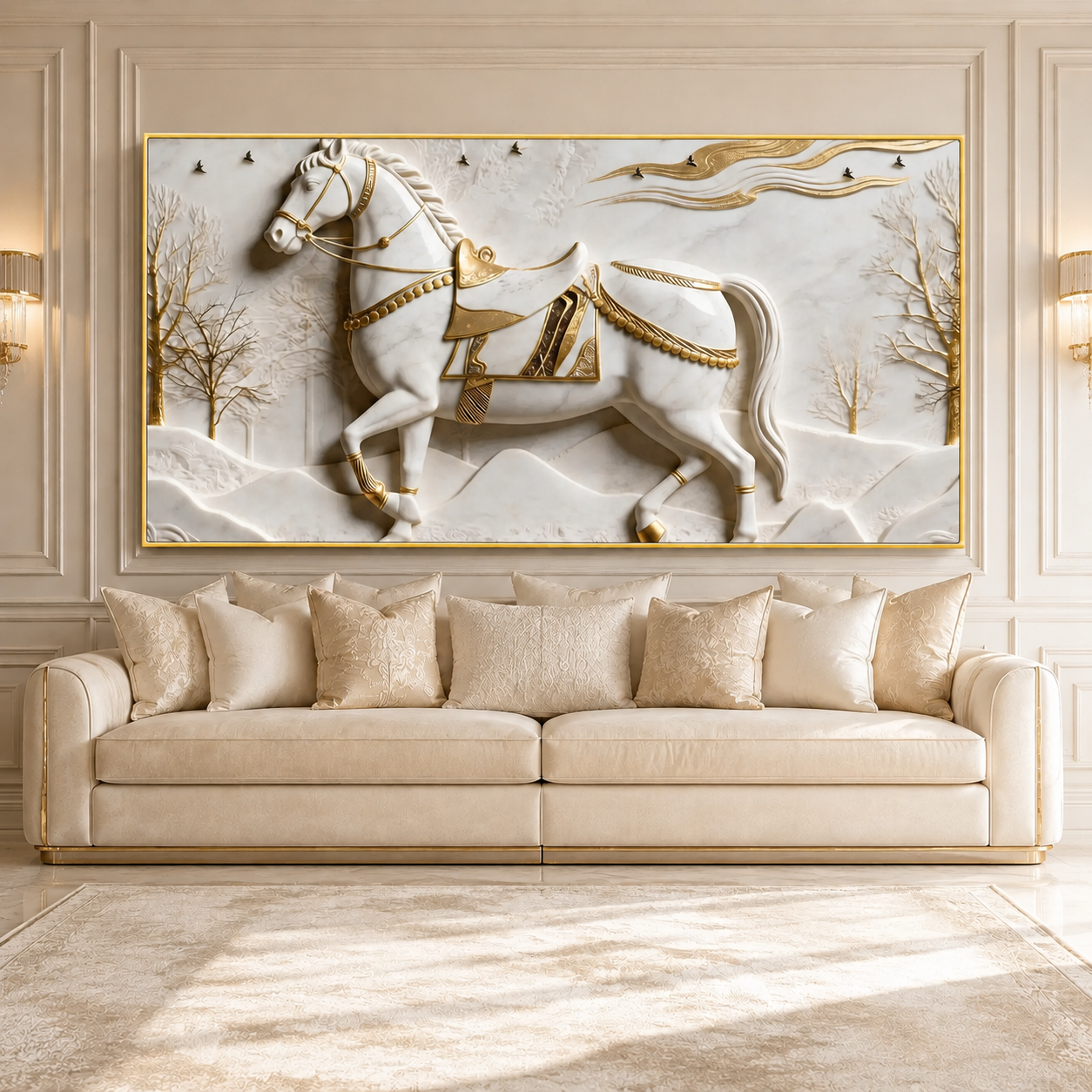 Royal 3D Majestic Horse with Golden Saddle White Canvas Wall Decor