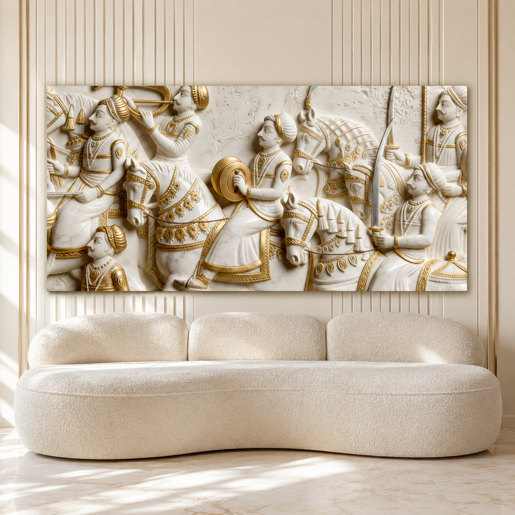 Royal 3D Kurukshetra War Scene White and Gold Embossed Canvas Painting