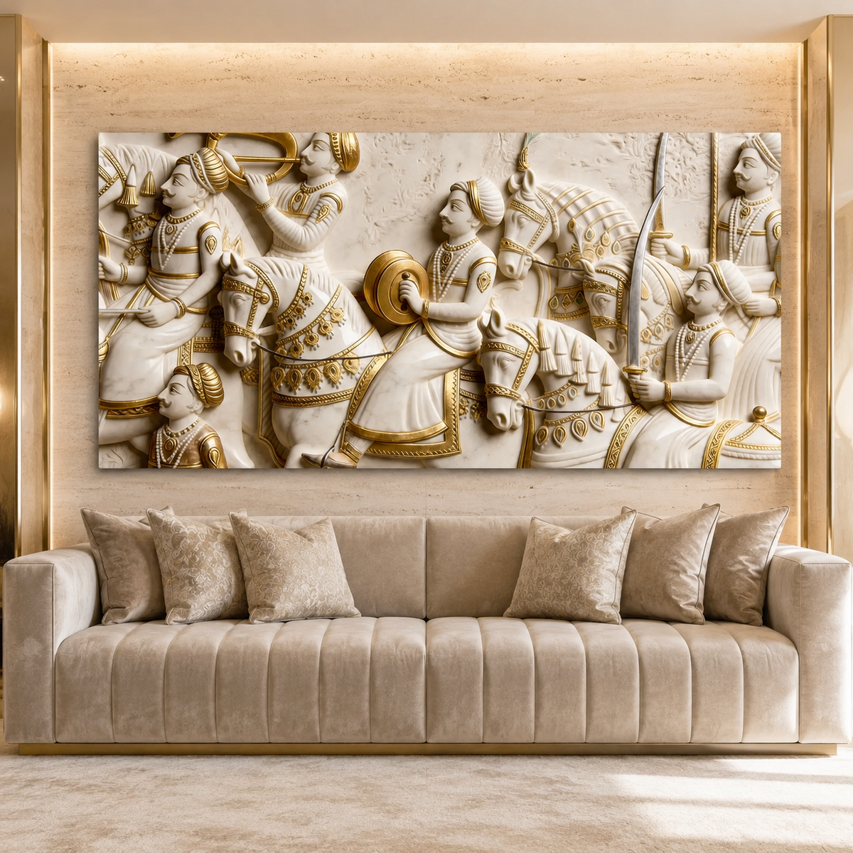 Royal 3D Kurukshetra War Scene White and Gold Embossed Canvas Painting