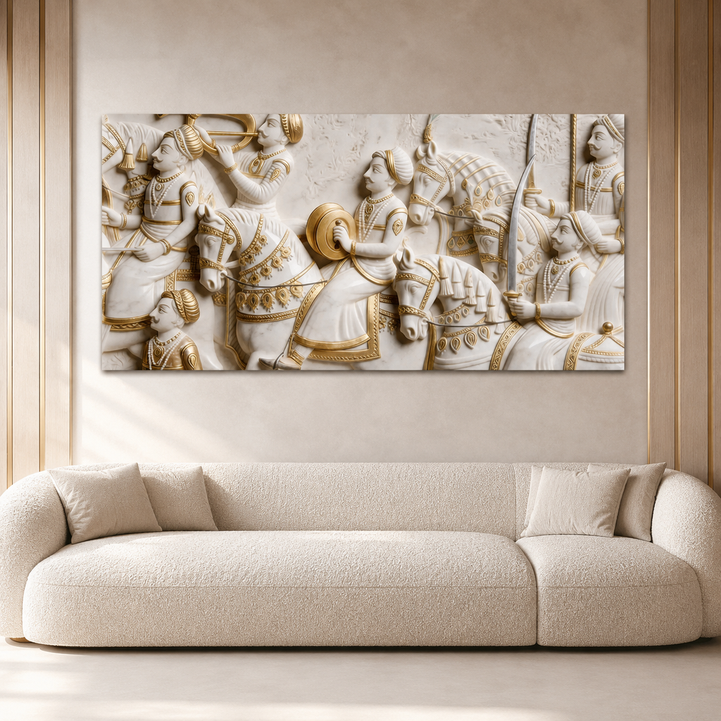 Royal 3D Kurukshetra War Scene White and Gold Embossed Canvas Painting