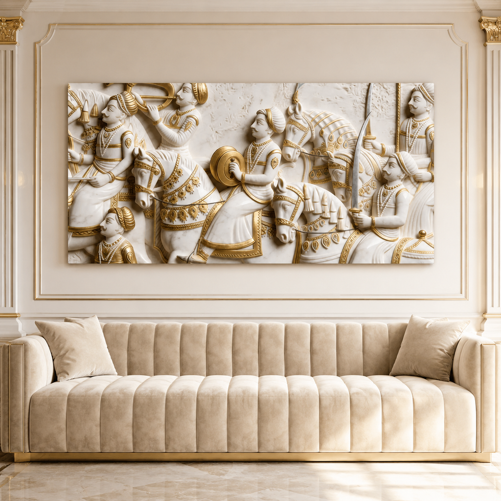 Royal 3D Kurukshetra War Scene White and Gold Embossed Canvas Painting
