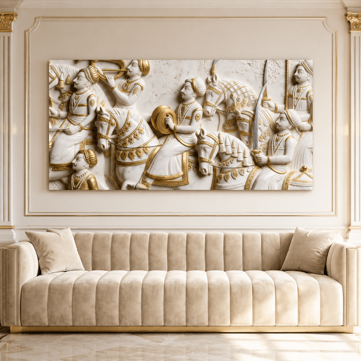 Royal 3D Kurukshetra War Scene White and Gold Embossed Canvas Painting