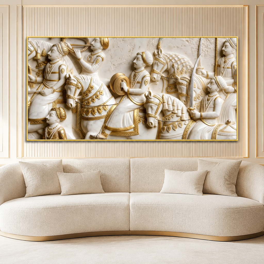 Royal 3D Kurukshetra War Scene White and Gold Embossed Canvas Painting