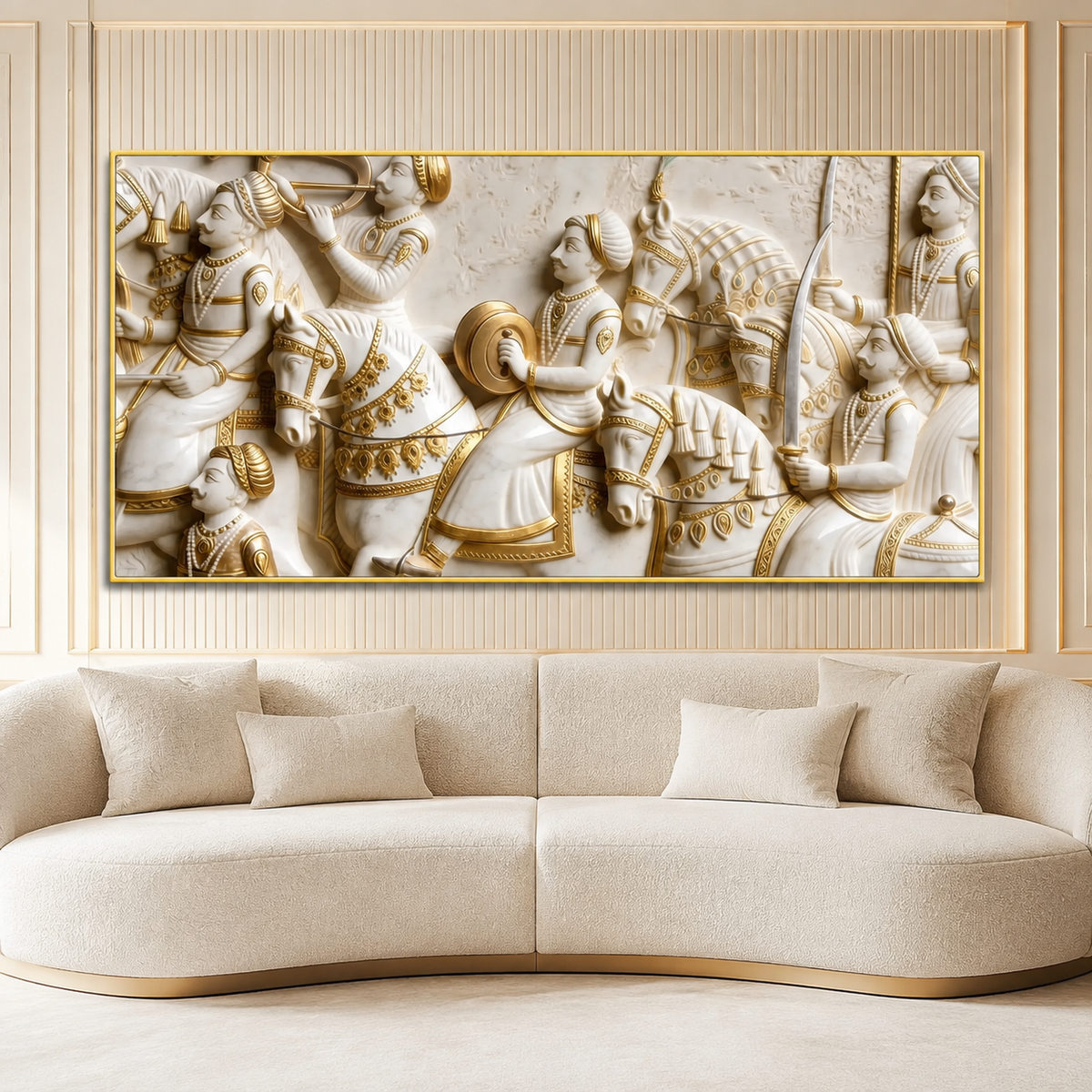 Royal 3D Kurukshetra War Scene White and Gold Embossed Canvas Painting