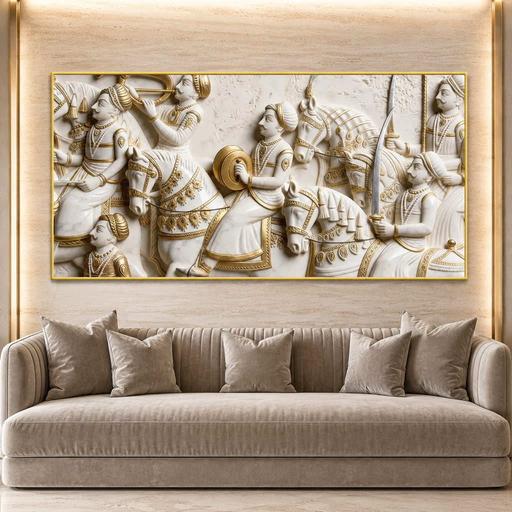 Royal 3D Kurukshetra War Scene White and Gold Embossed Canvas Painting