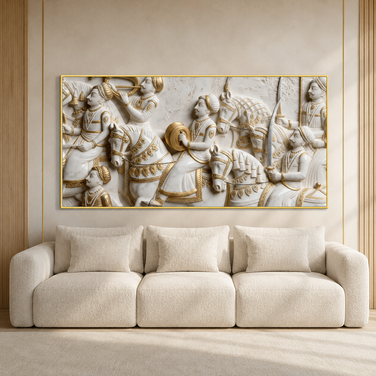 Royal 3D Kurukshetra War Scene White and Gold Embossed Canvas Painting