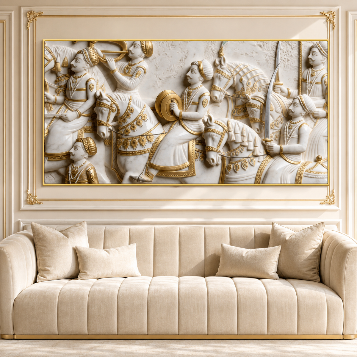 Royal 3D Kurukshetra War Scene White and Gold Embossed Canvas Painting