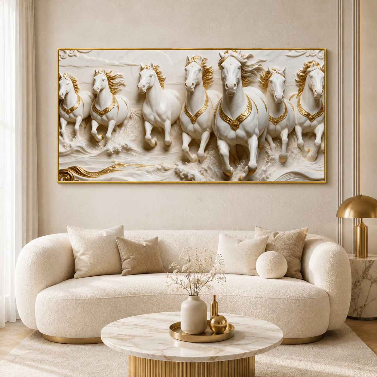 Royal 3D Seven Horses Running Through Waves White Gold Canvas Wall Art