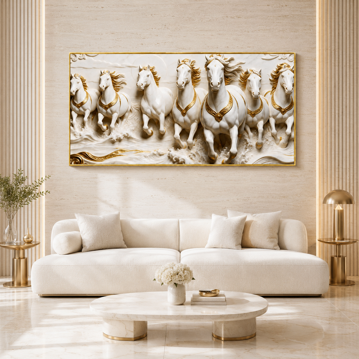 Royal 3D Seven Horses Running Through Waves White Gold Canvas Wall Art