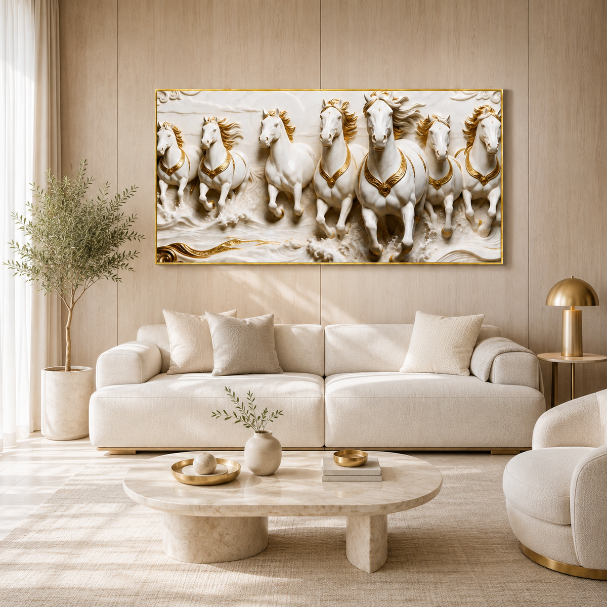 Royal 3D Seven Horses Running Through Waves White Gold Canvas Wall Art