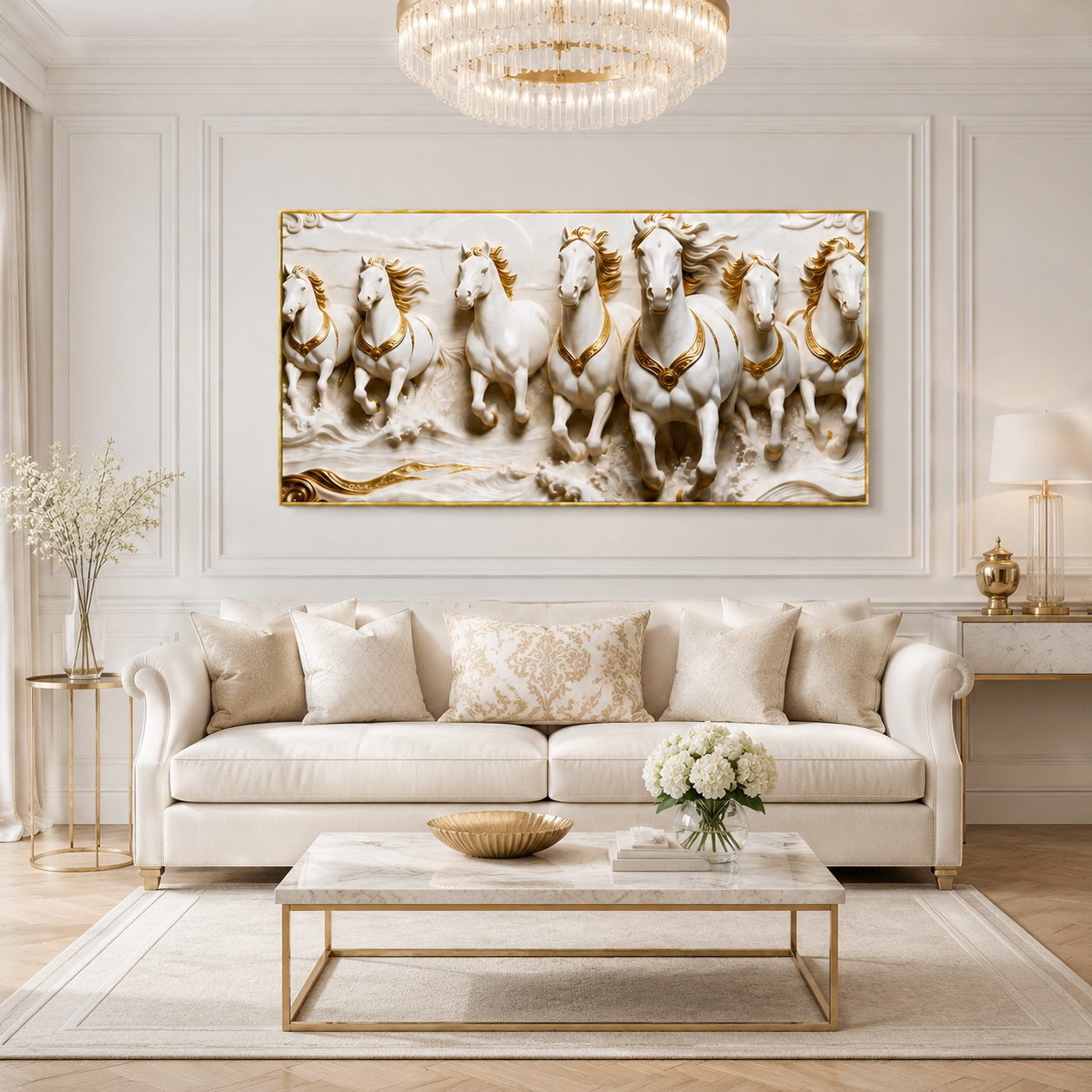 Royal 3D Seven Horses Running Through Waves White Gold Canvas Wall Art