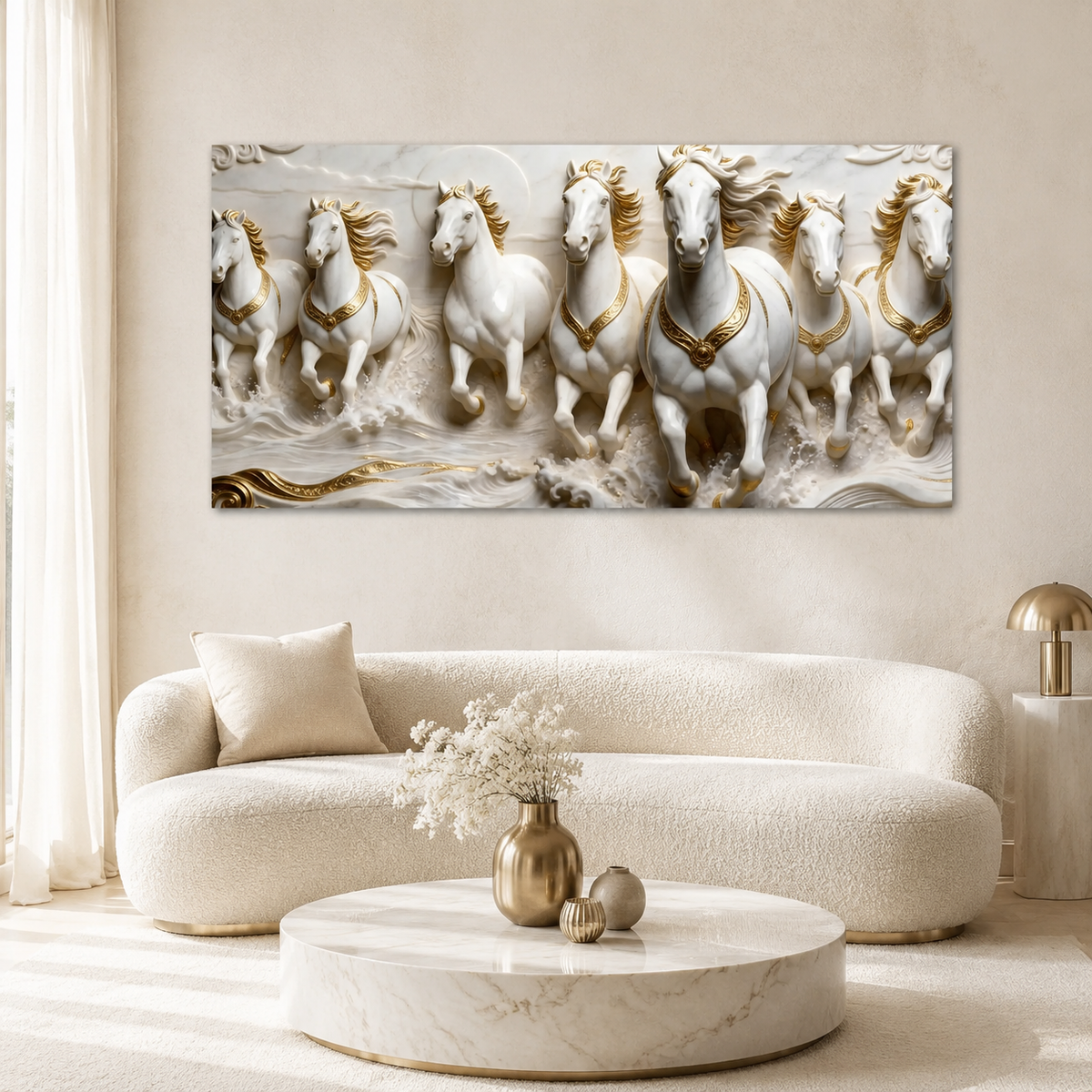 Royal 3D Seven Horses Running Through Waves White Gold Canvas Wall Art