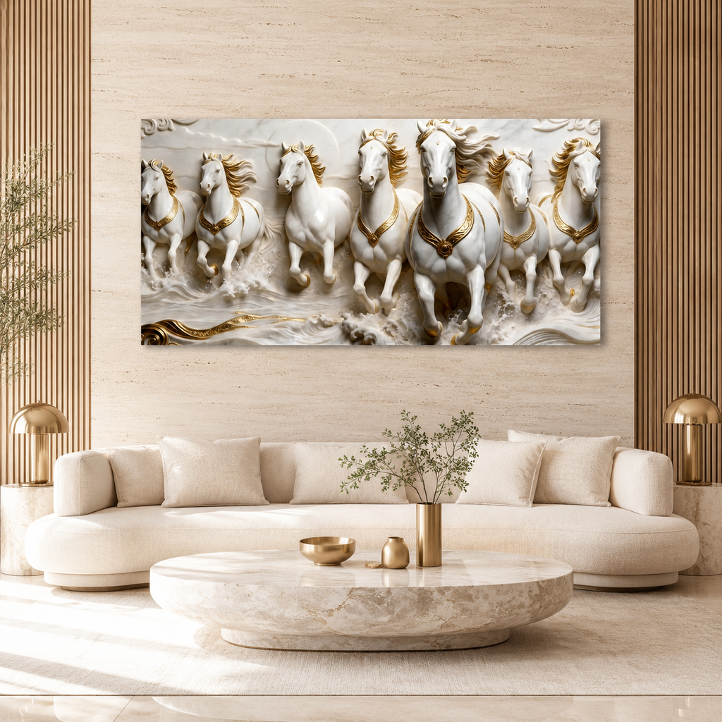 Royal 3D Seven Horses Running Through Waves White Gold Canvas Wall Art