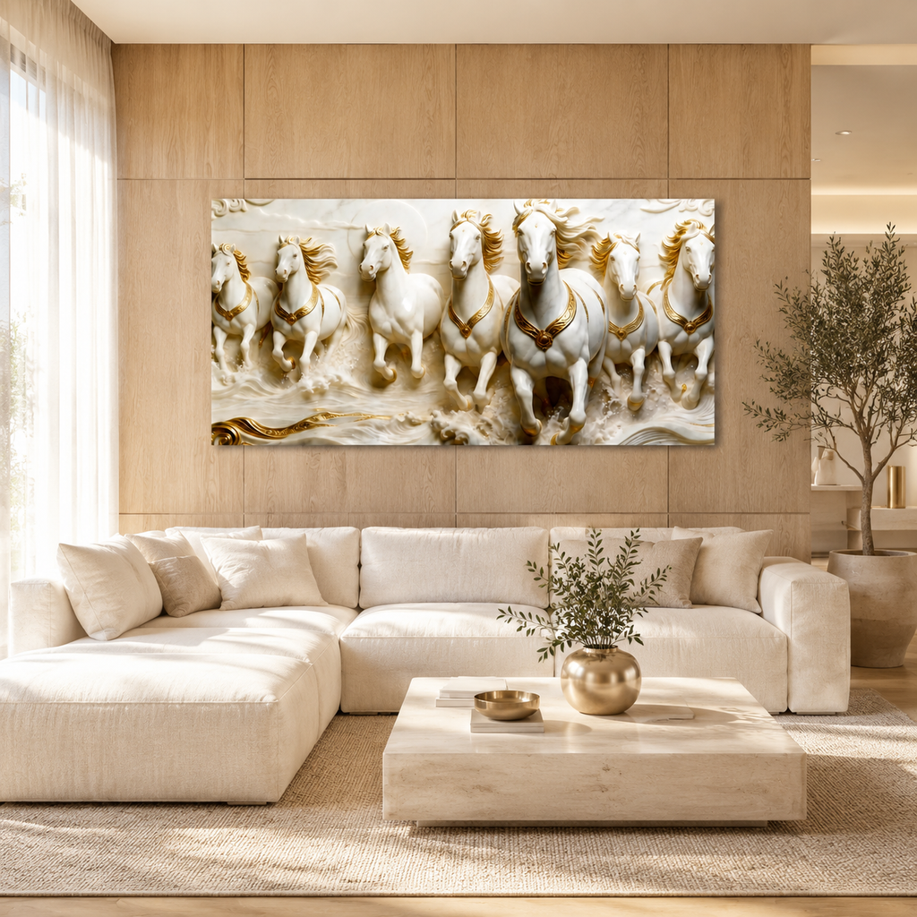 Royal 3D Seven Horses Running Through Waves White Gold Canvas Wall Art
