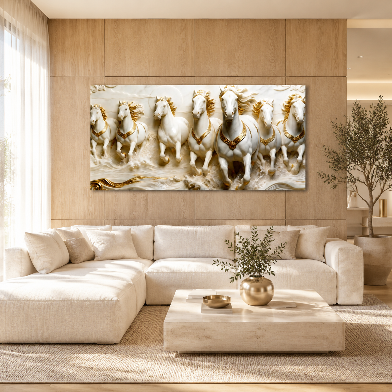 Royal 3D Seven Horses Running Through Waves White Gold Canvas Wall Art