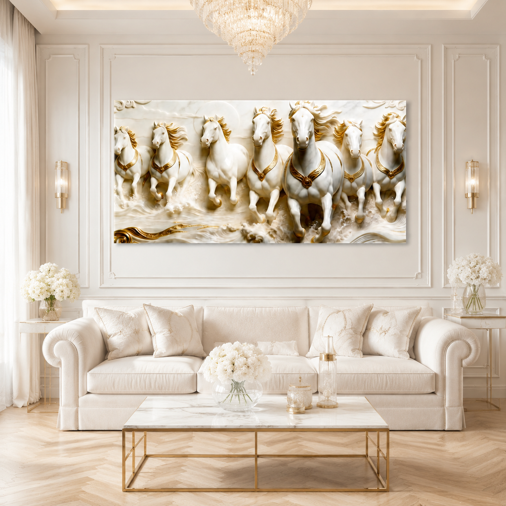 Royal 3D Seven Horses Running Through Waves White Gold Canvas Wall Art