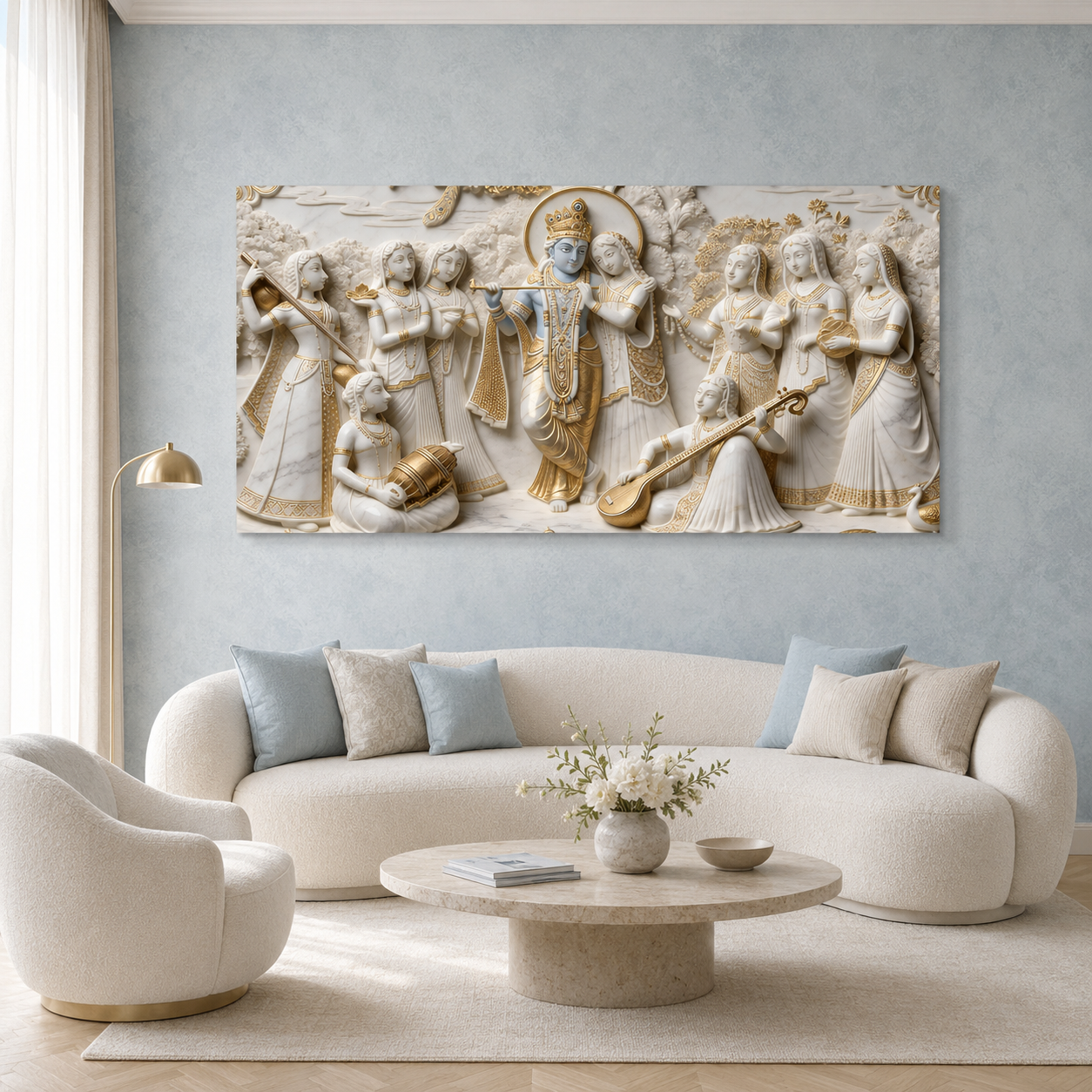 Premium Golden Accent Radha Krishna 3D Canvas Print for Home Decor