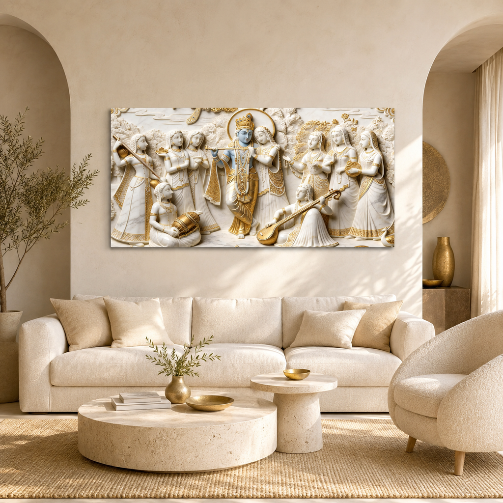 Premium Golden Accent Radha Krishna 3D Canvas Print for Home Decor
