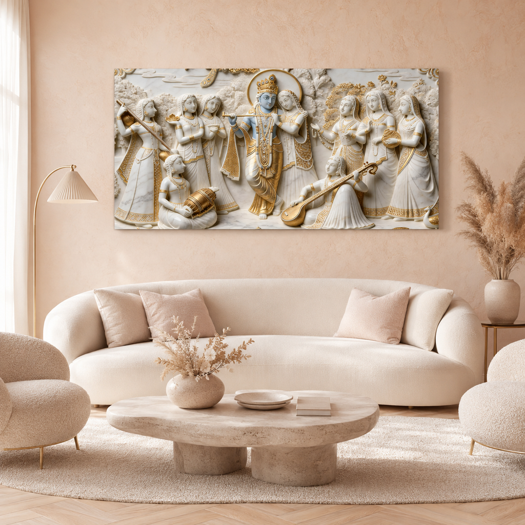 Premium Golden Accent Radha Krishna 3D Canvas Print for Home Decor