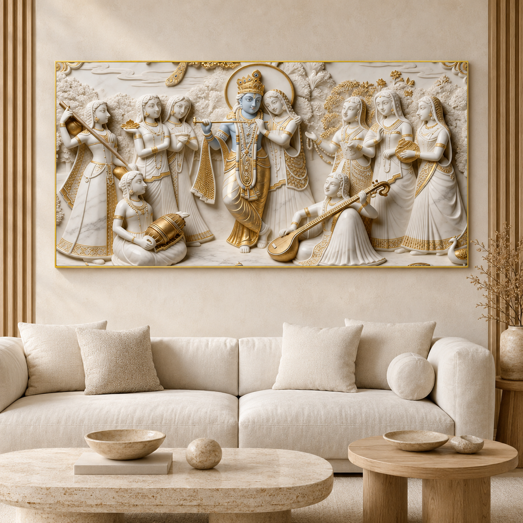 Premium Golden Accent Radha Krishna 3D Canvas Print for Home Decor