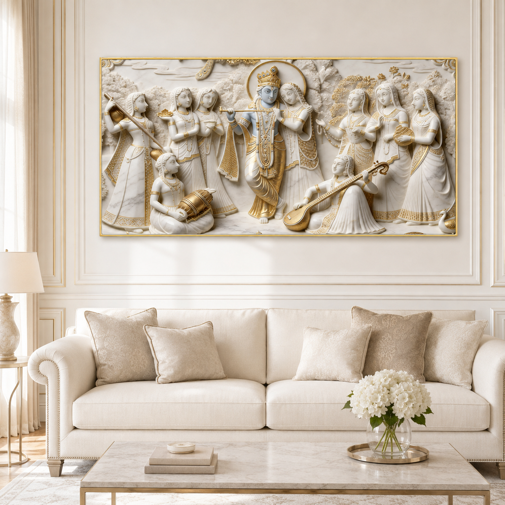 Premium Golden Accent Radha Krishna 3D Canvas Print for Home Decor