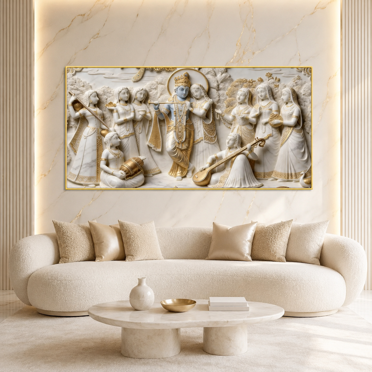 Premium Golden Accent Radha Krishna 3D Canvas Print for Home Decor
