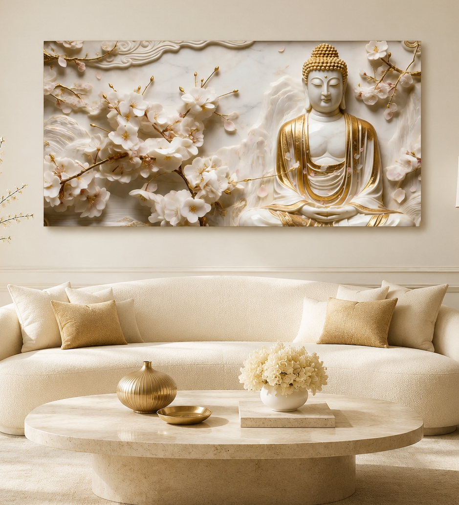Divine Golden Buddha Floral 3D Effect Canvas Painting for Living Room Wall