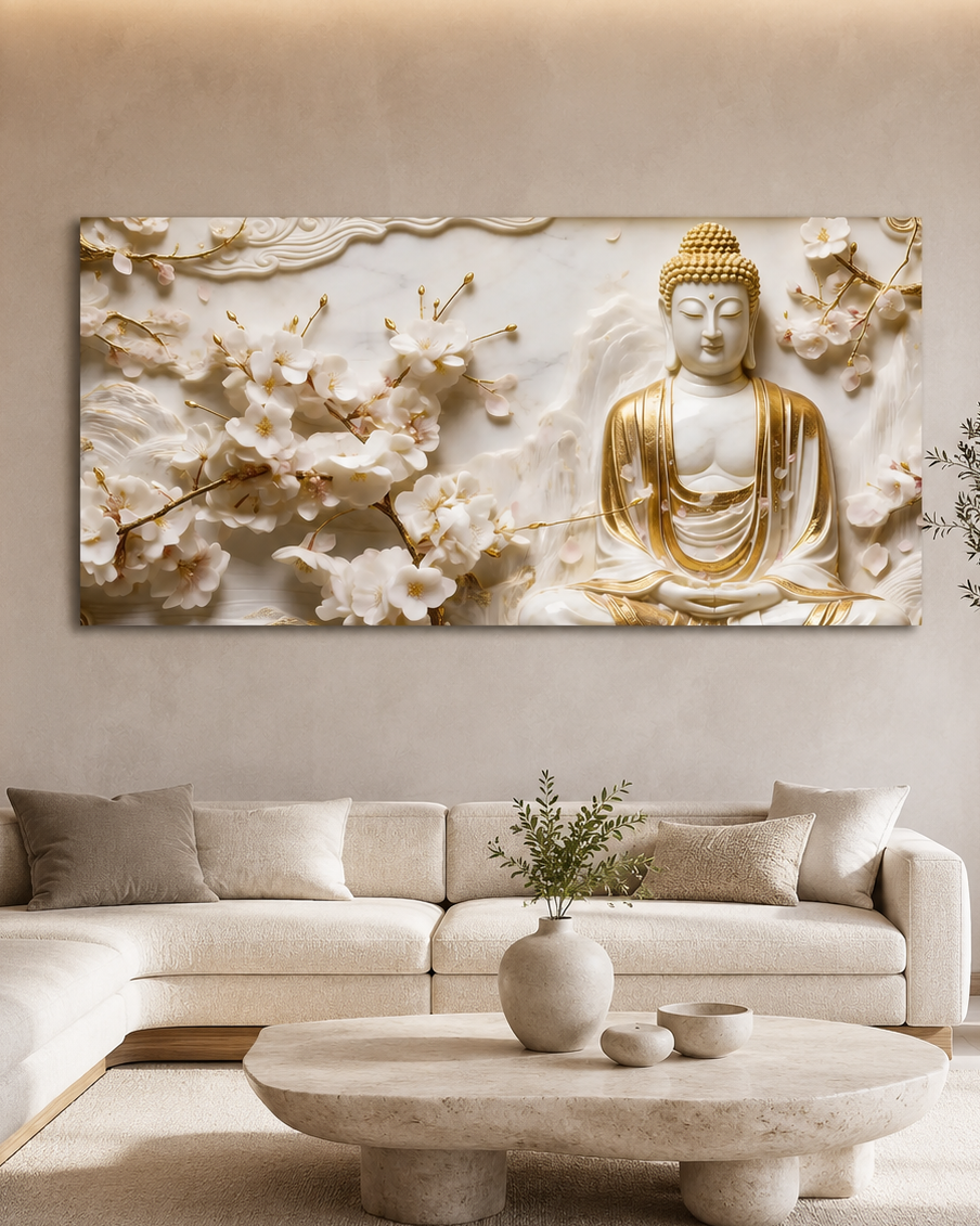 Divine Golden Buddha Floral 3D Effect Canvas Painting for Living Room Wall