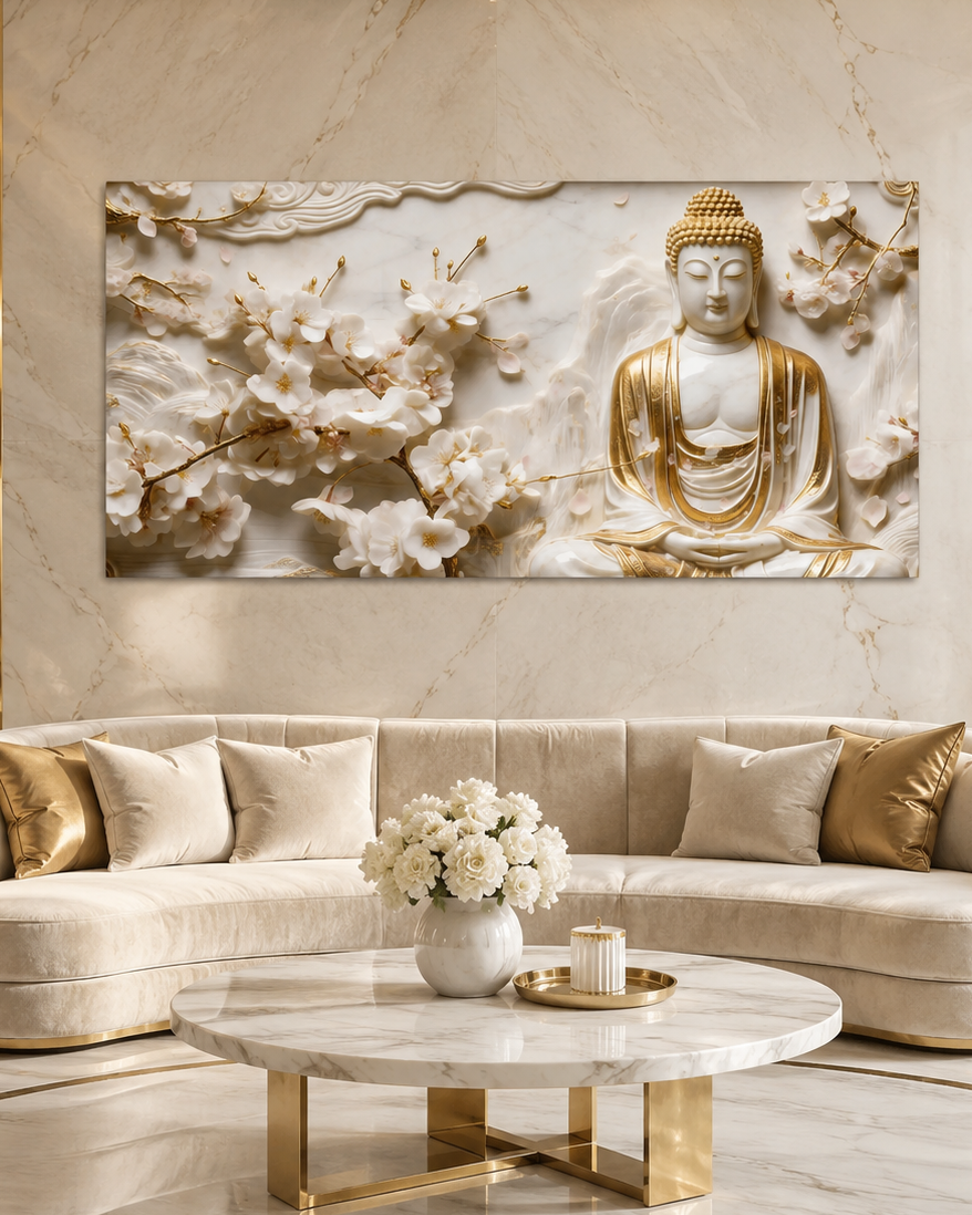 Divine Golden Buddha Floral 3D Effect Canvas Painting for Living Room Wall