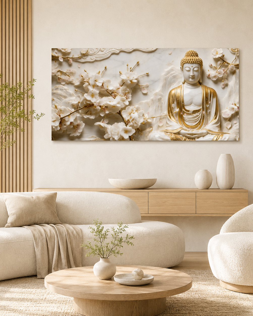 Divine Golden Buddha Floral 3D Effect Canvas Painting for Living Room Wall
