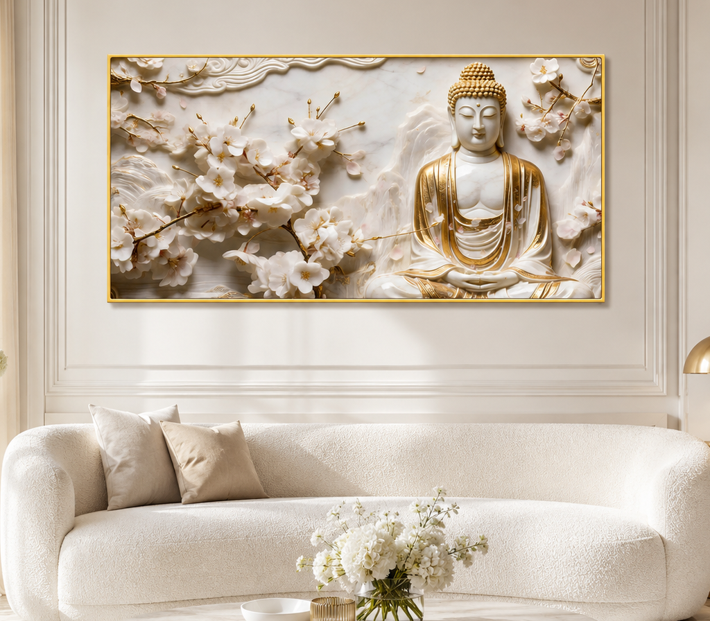 Divine Golden Buddha Floral 3D Effect Canvas Painting for Living Room Wall