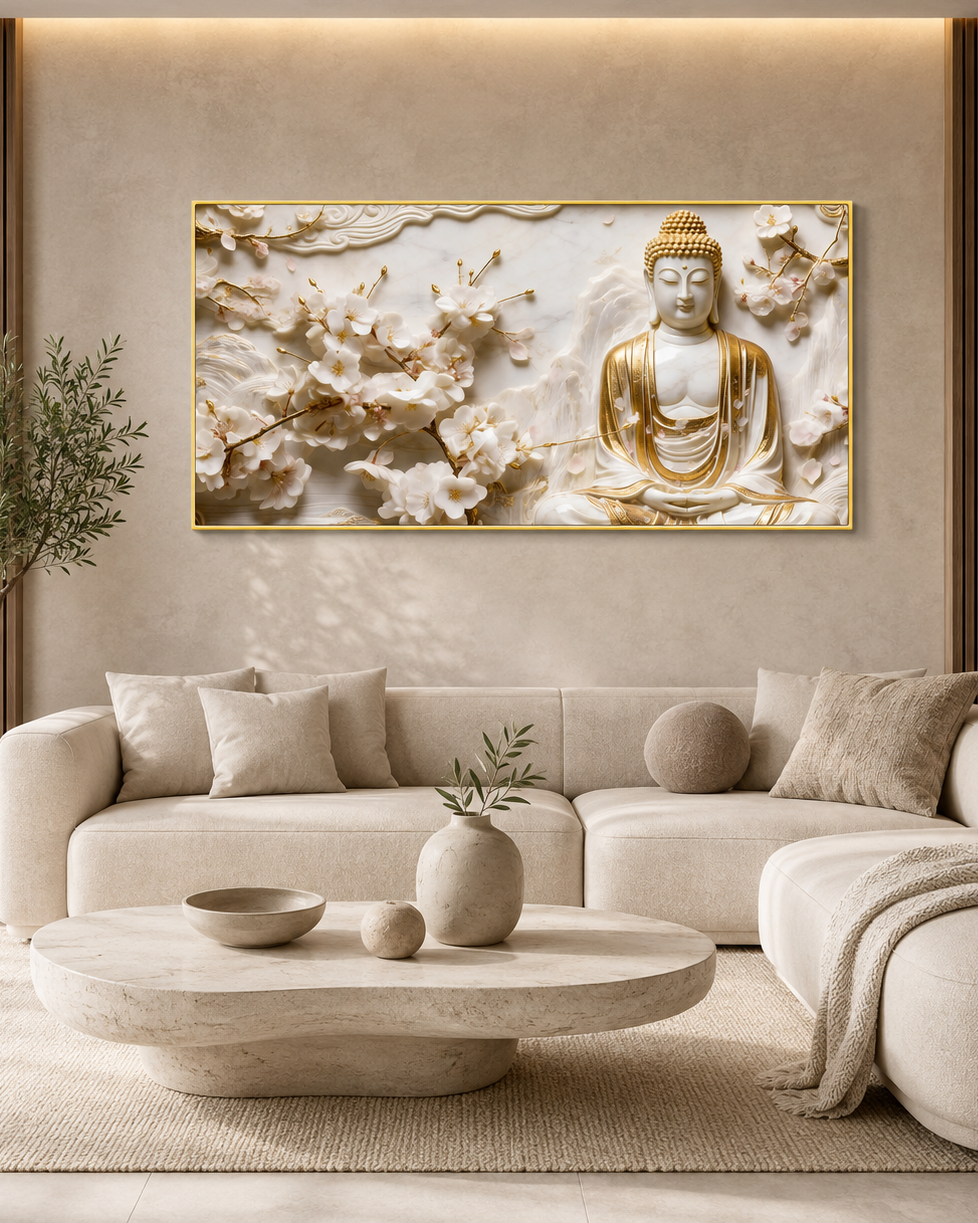 Divine Golden Buddha Floral 3D Effect Canvas Painting for Living Room Wall