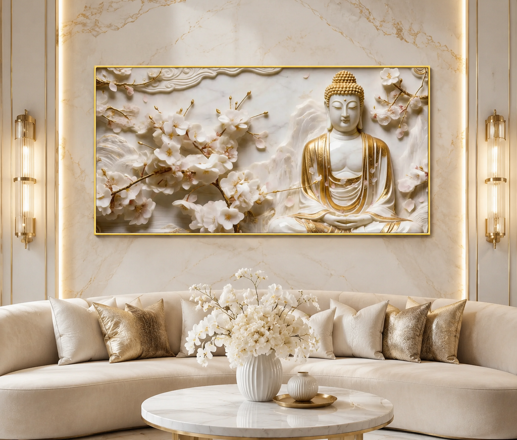 Divine Golden Buddha Floral 3D Effect Canvas Painting for Living Room Wall