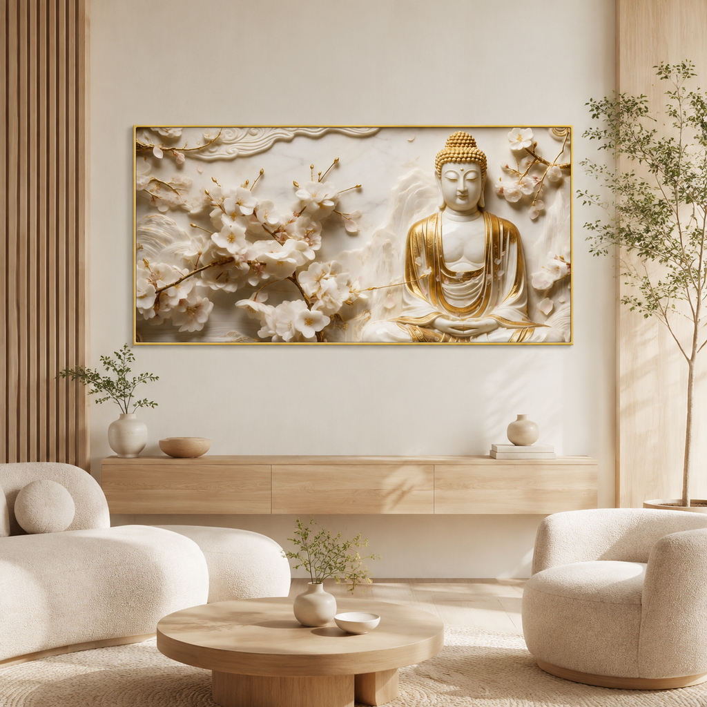 Divine Golden Buddha Floral 3D Effect Canvas Painting for Living Room Wall