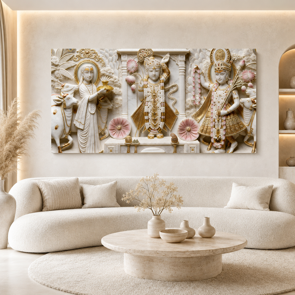 Artistic 3D Shrinathji Embossed Marble Canvas Frame Wall Decor Art