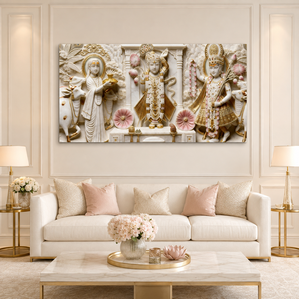 Artistic 3D Shrinathji Embossed Marble Canvas Frame Wall Decor Art