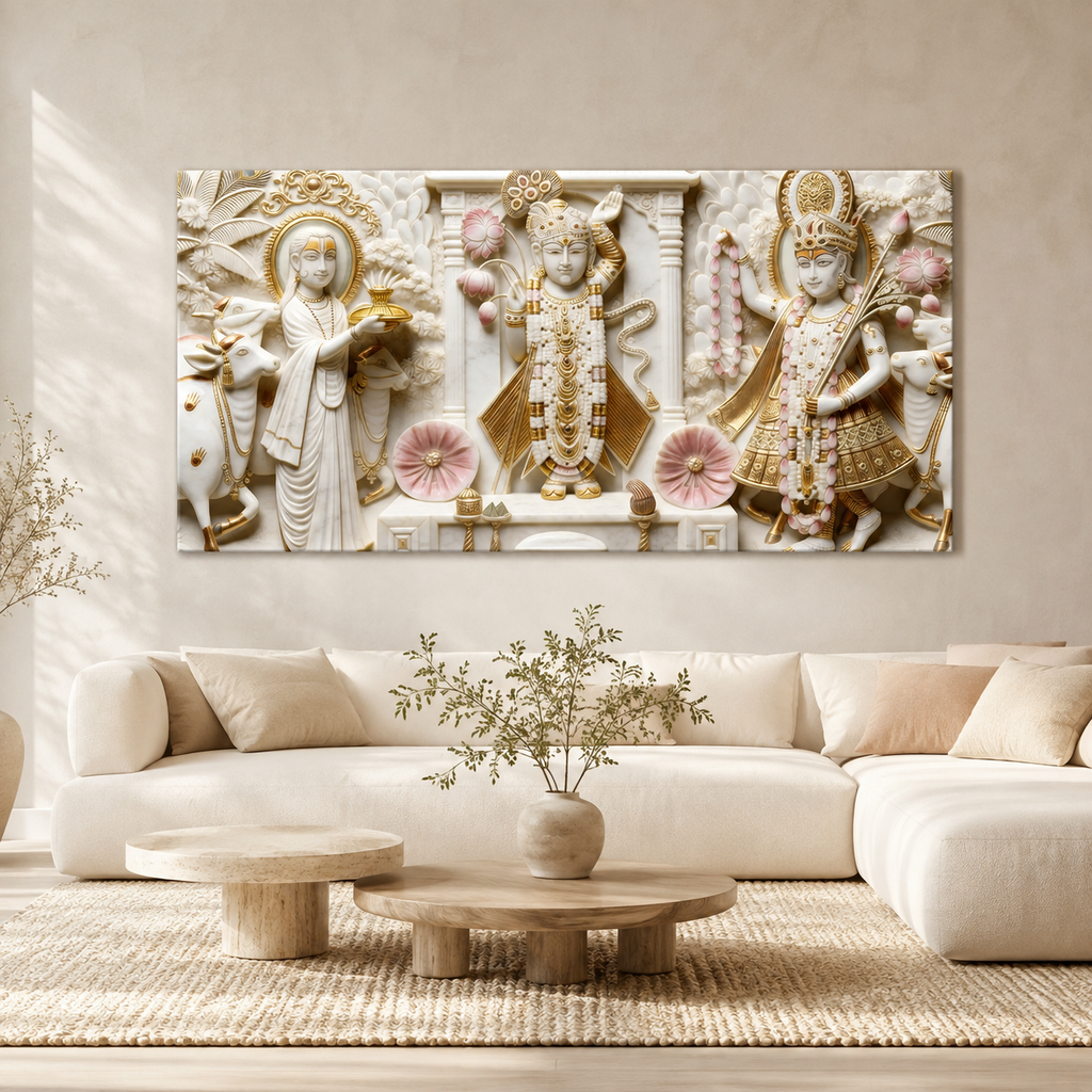 Artistic 3D Shrinathji Embossed Marble Canvas Frame Wall Decor Art