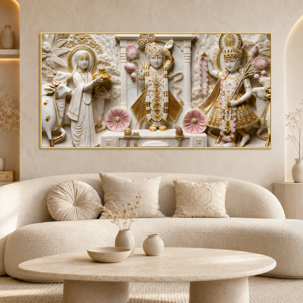 Artistic 3D Shrinathji Embossed Marble Canvas Frame Wall Decor Art